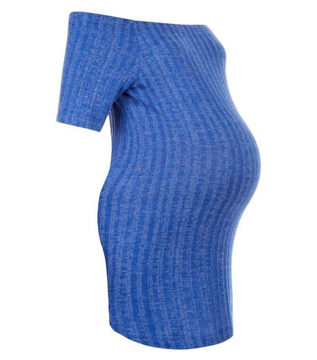 Maternity Blue Ribbed Bardot Neck Top | New Look