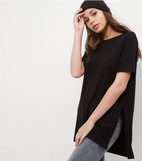 Black Split Side Longline T-Shirt | New Look