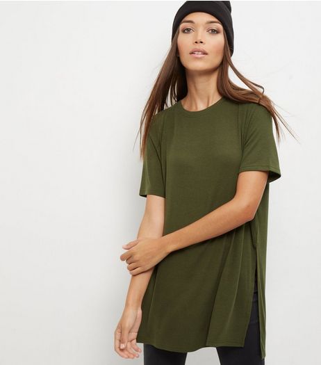 Olive Green Split Side Longline T-Shirt | New Look