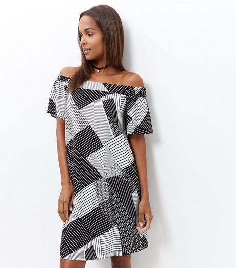 Black Abstract Stripe Bardot Neck Slip Dress | New Look