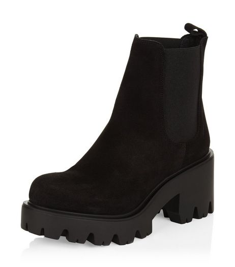 Black Premium Suede Chunky Cleated Chelsea Boots | New Look