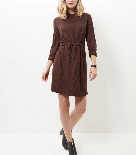 Rust Ribbed Drawstring Waist Roll Sleeve Dress | New Look