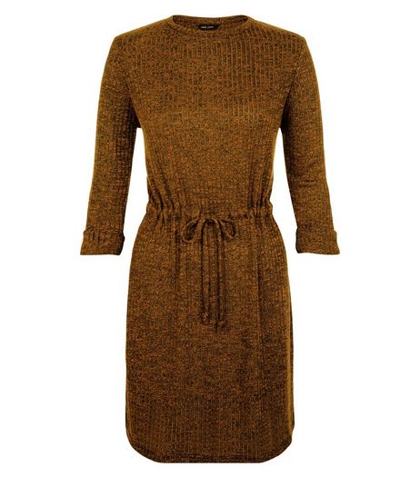 Olive Green Ribbed Drawstring Waist Roll Sleeve Dress | New Look