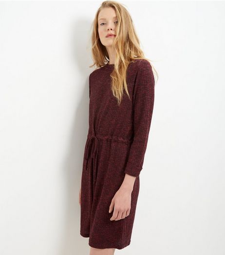 Burgundy Ribbed Drawstring Waist Roll Sleeve Dress | New Look