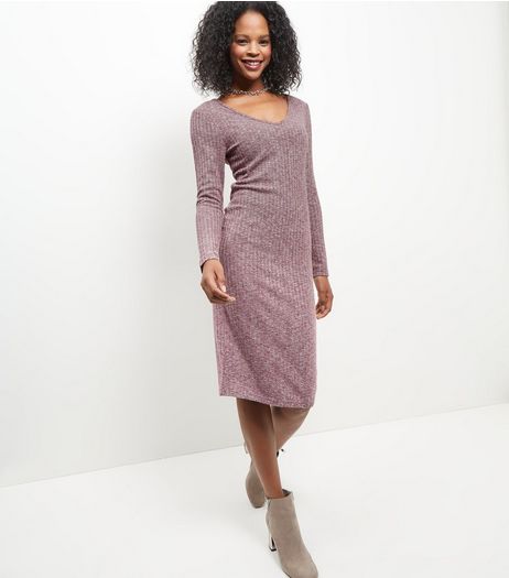 Burgundy Ribbed V Neck Midi Dress | New Look
