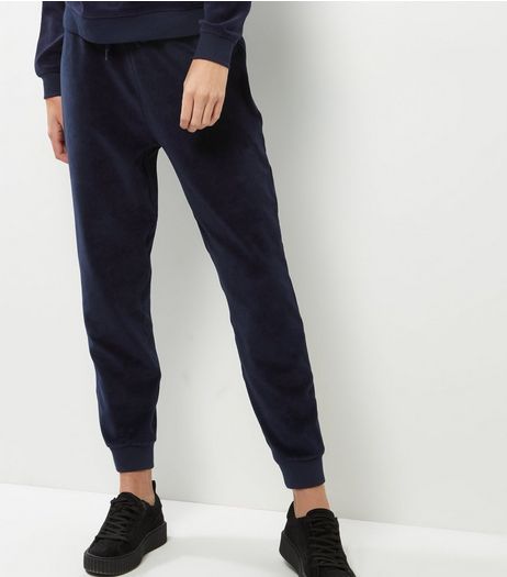 Navy Velvet Joggers | New Look
