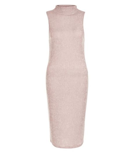 Mid Pink Pleated Funnel Neck Sleeveless Midi Dress | New Look