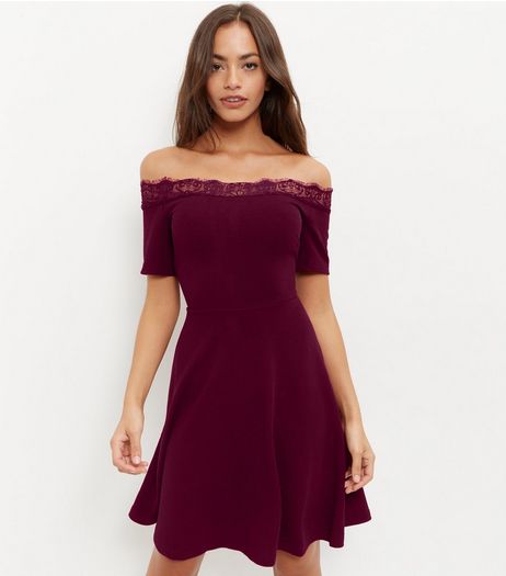 Burgundy Lace Trim Bardot Neck Skater Dress | New Look