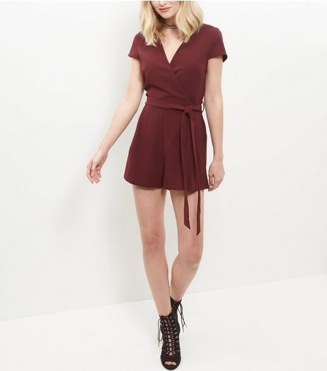 Burgundy Wrap Front Tie Waist Playsuit | New Look