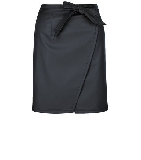 Petite Black Leather-Look Wrap Skirt | New Look