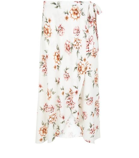 Curves White Floral Print Wrap Skirt | New Look