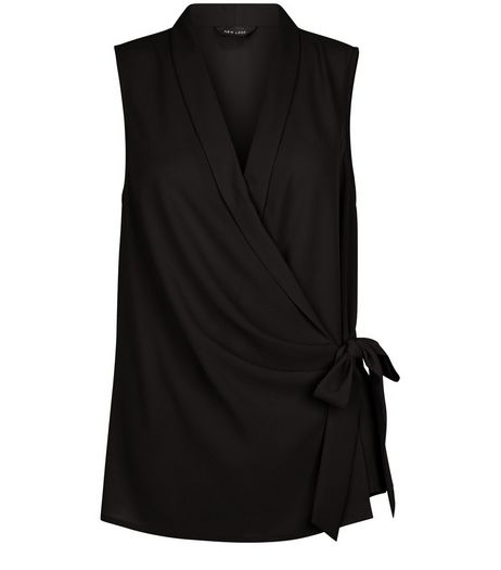 Black Tie Waist Wrap Sleeveless Top | New Look