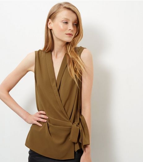Olive Green Tie Waist Wrap Sleeveless Top | New Look