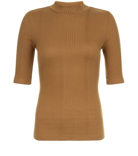 Olive Green Ribbed Funnel Neck 1/2 Sleeve Top | New Look