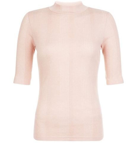 Mid Pink Ribbed Funnel Neck 1/2 Sleeve Top | New Look