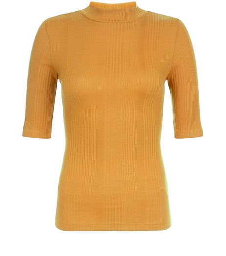 Mustard Ribbed Funnel Neck 1/2 Sleeve Top | New Look