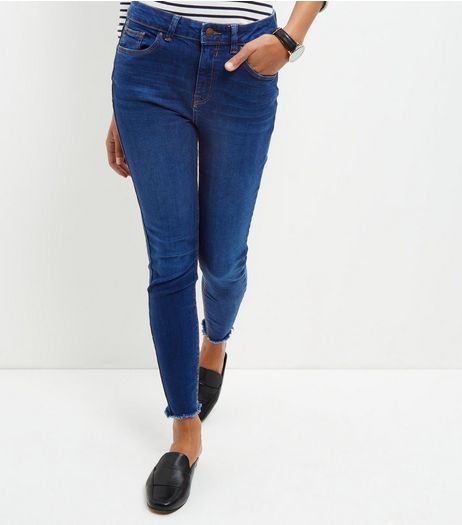 Navy Fray Hem Ankle Grazer Skinny Jeans | New Look