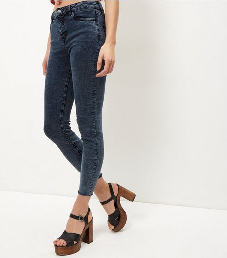 Navy Acid Wash Fray Hem Skinny Jeans | New Look