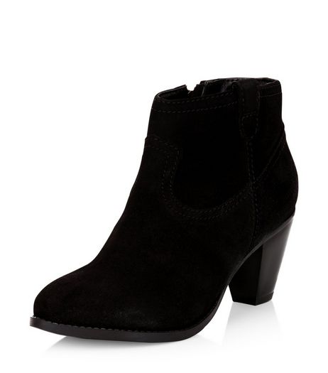 Black Leather Western Block Heel Ankle Boots | New Look