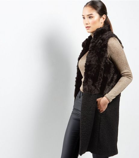 Black Faux Fur Longline High Neck Gilet | New Look