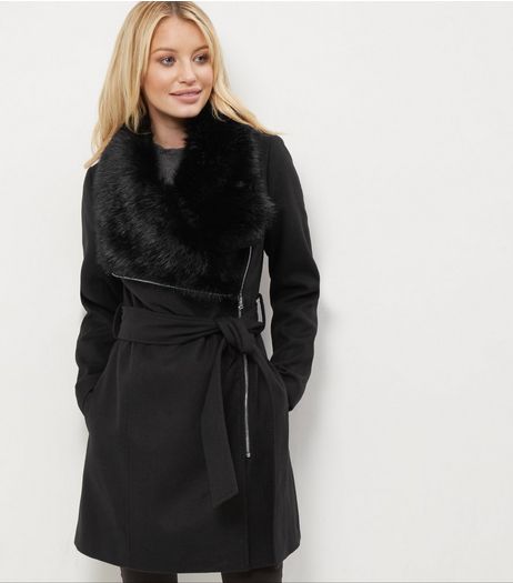 Black Faux Fur Trim Belted Biker Jacket | New Look
