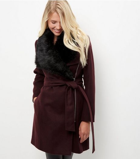 Burgundy Faux Fur Collar Longline Belted Coat | New Look