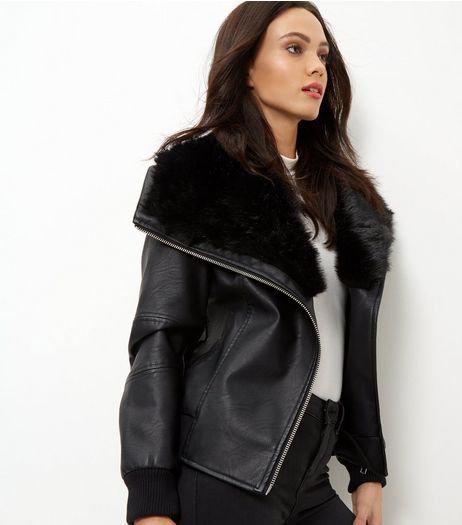 Black Faux Fur Leather-look Bomber Jacket | New Look
