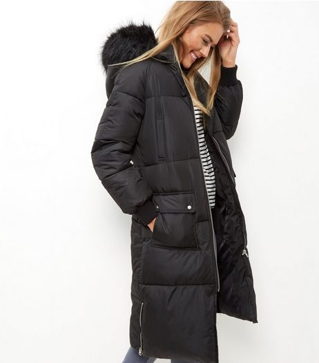 Black Faux Fur Trim Padded Longline Coat | New Look