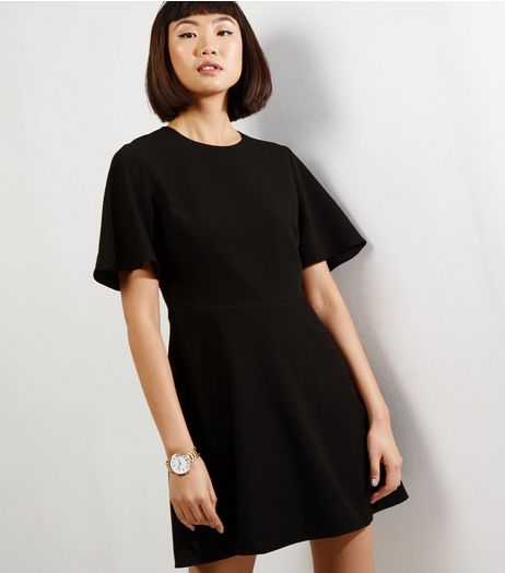 Black Flutter Sleeve Skater Dress | New Look