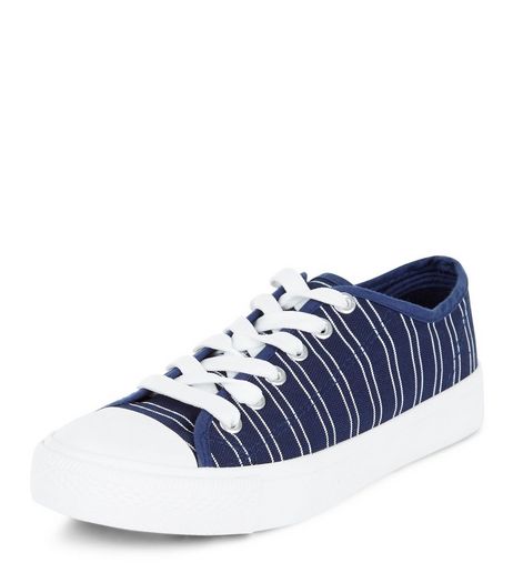Teens Navy Stripe Lace Up Plimsolls | New Look