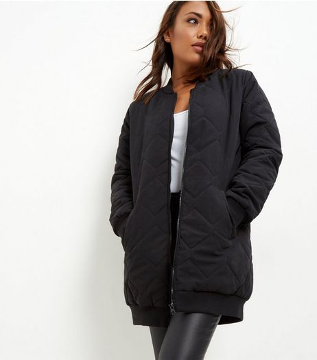 JDY Black Quilted Longline Bomber Coat | New Look