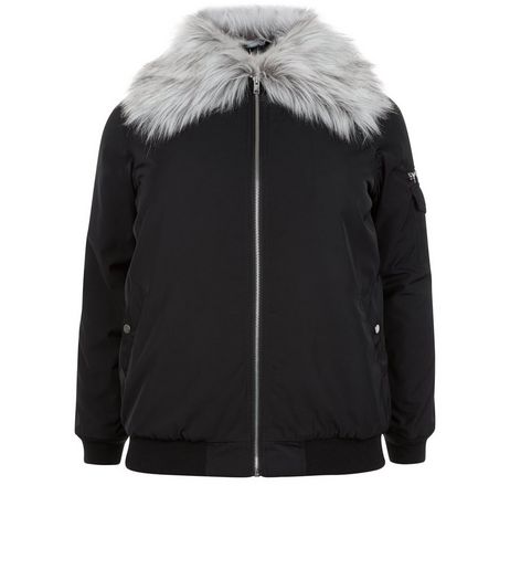 Curves Black Faux Fur Trim Bomber Jacket | New Look