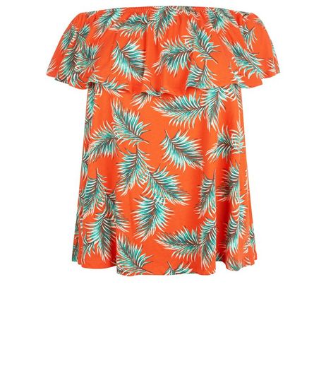 Curves Red Palm Leaf Print Bardot Neck Top | New Look