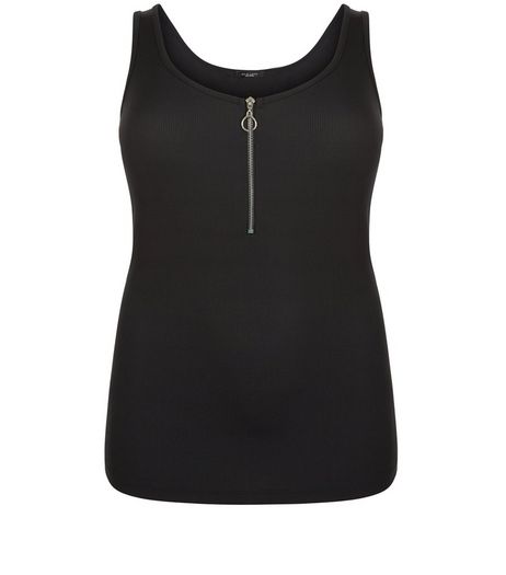 Curves Black Ribbed Zip Front Top | New Look