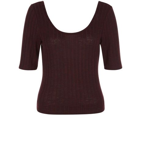 Burgundy Fine Knit Ribbed Scoop Neck Top | New Look