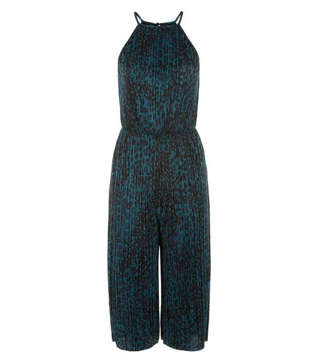 Petite Blue Animal Print Pleated Culotte Jumpsuit | New Look