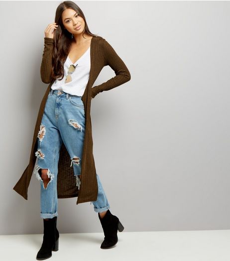 Olive Green Fine Knit Ribbed Longline Cardigan | New Look