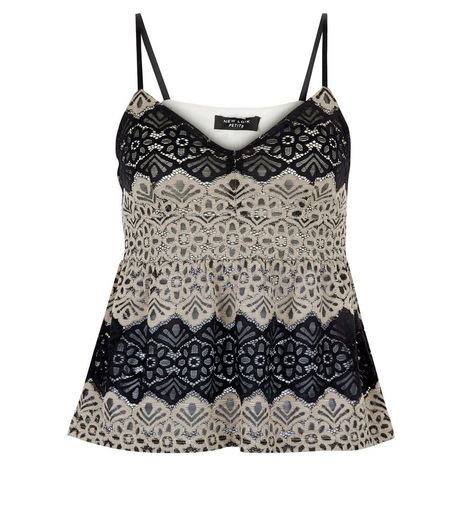 Petite Black Contrast Lace Peplum Cami | New Look