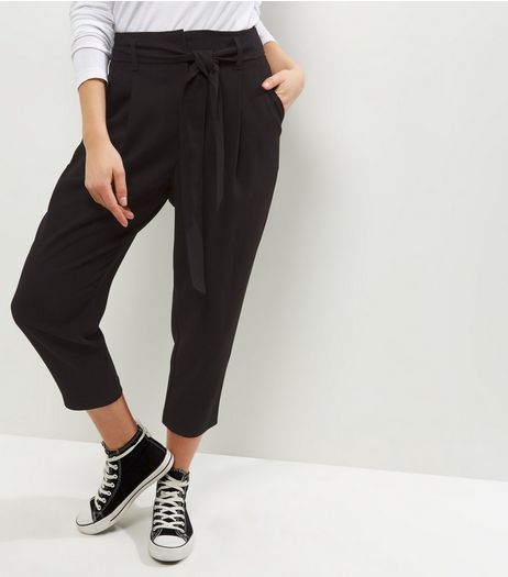 Petite Black Belted Trousers | New Look