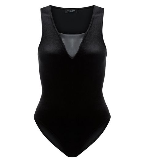 Petite Black Velvet Mesh Panel Bodysuit | New Look