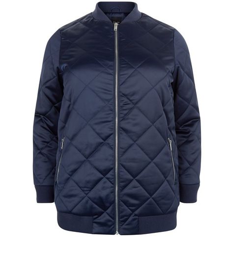 Curves Navy Quilted Longline Bomber Jacket | New Look