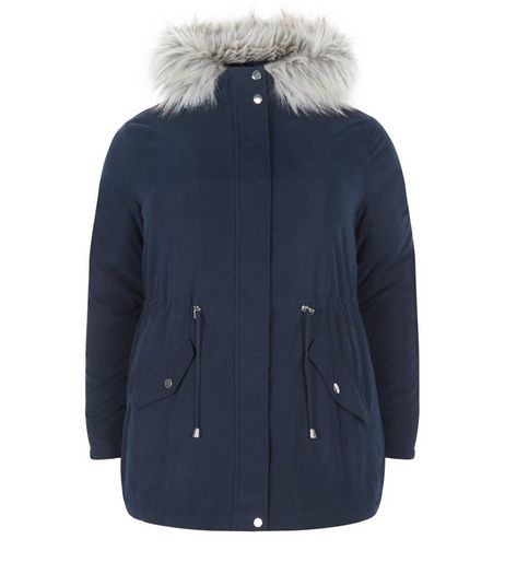 Curves Navy Faux Fur Trim Hooded Parka Jacket | New Look