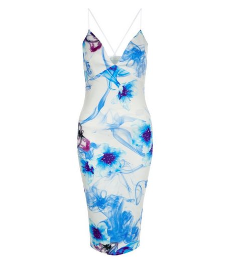 AX Paris Blue Floral Print Plunge Midi Dress | New Look