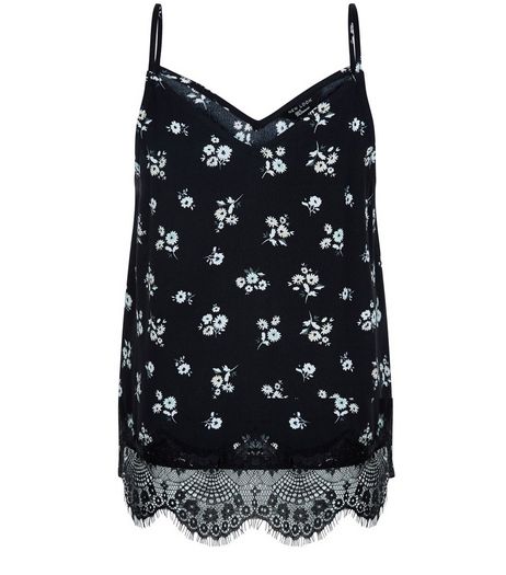 Teens Black Floral Print Lace Trim Cami | New Look