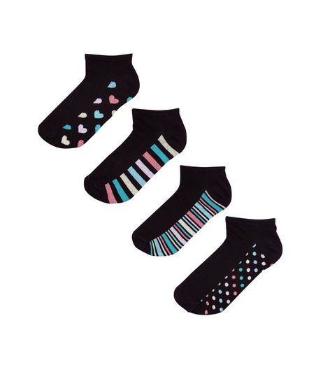4 Pack Black Stripe and Spot Print Trainers Socks | New Look
