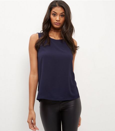 Navy Fine Knit Zip Shoulder Sleeveless Top | New Look