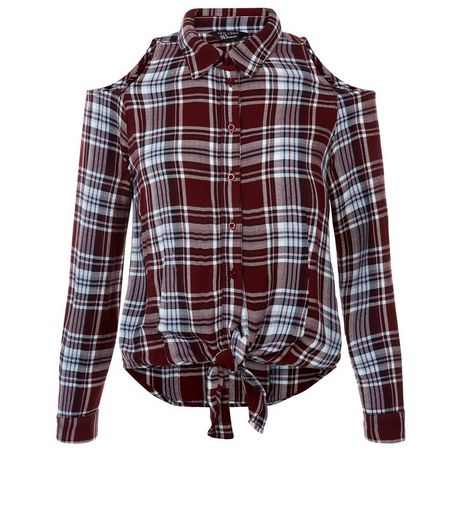 Teens Red Check Cold Shoulder Tie Front Shirt | New Look