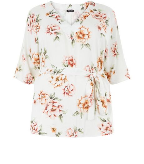 Curve White Floral Print Tie Waist Wide Sleeve Top | New Look