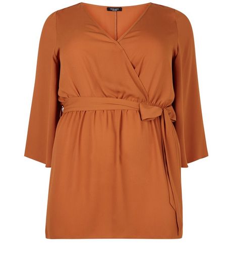 Curves Brown Bell Sleeve Wrap Front Belted Top | New Look