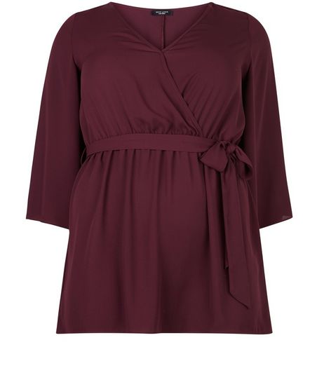 Curves Purple Bell Sleeve Wrap Front Belted Top | New Look